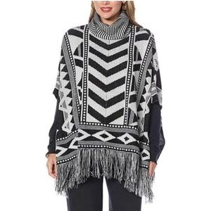 COLLEEN LOPEZ size M/L Black & White Poncho Sweater with Fringe NEW!